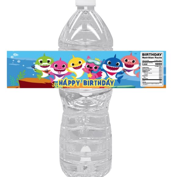 Shark Birthday Water Bottle Labels, Happy Birthday Party Decorations, Set of 12 - Picture 1 of 5